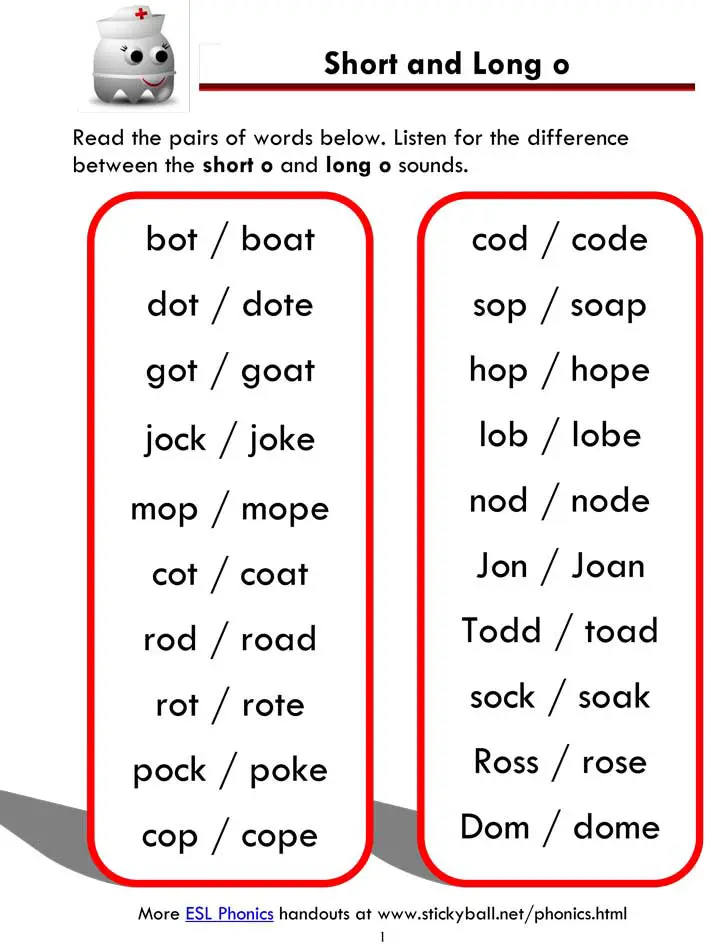 Short And Long O Word List And Sentences